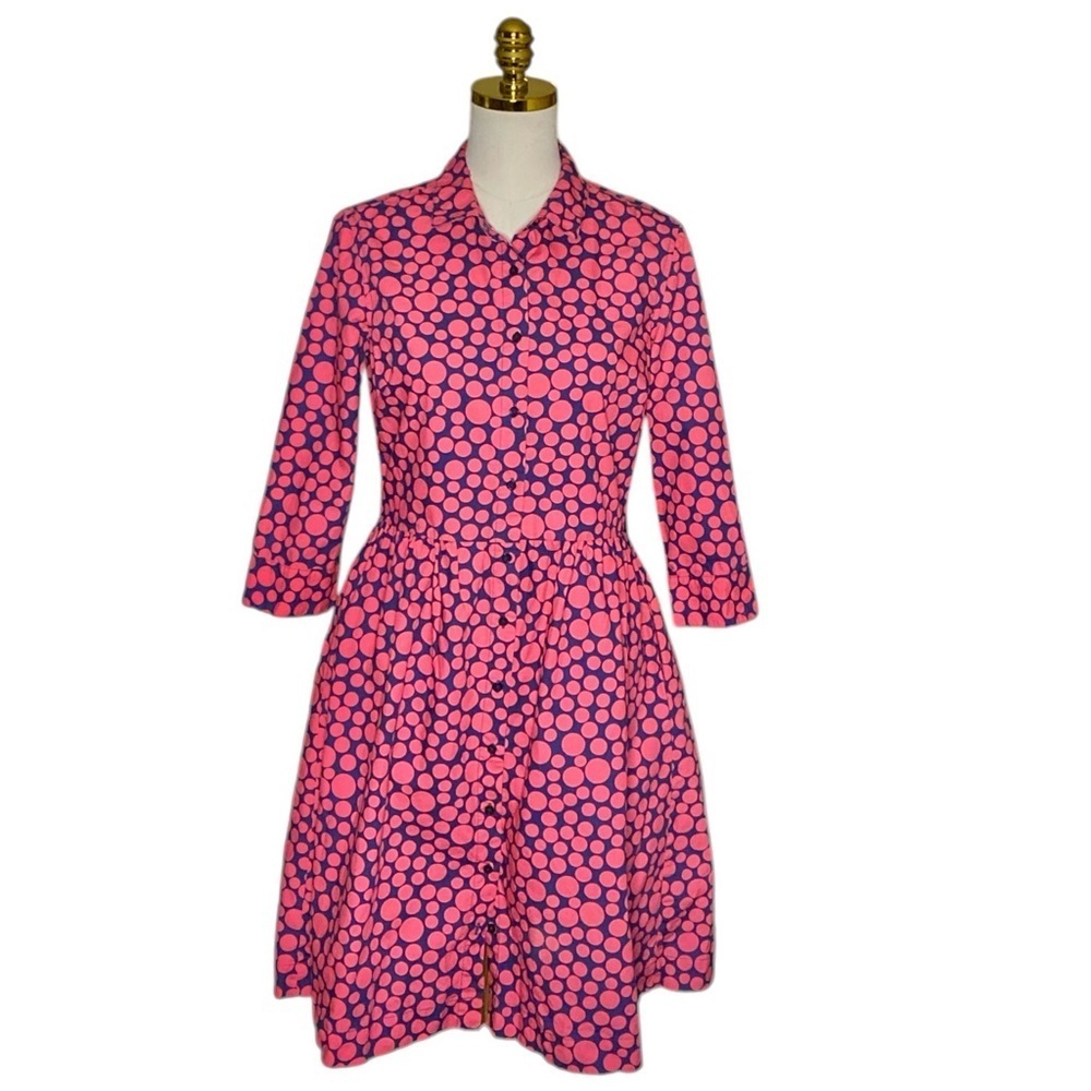 GARNET HILL Women’s Fit & Flare Pink Black Polka Dot Cotton Shirt Dress Size 4